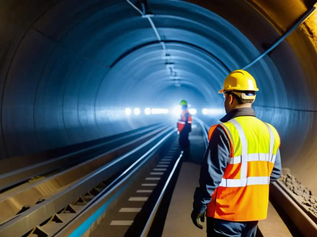 Un equipo de ingenieros trabaja con precisión en un túnel, rodeado de maquinaria