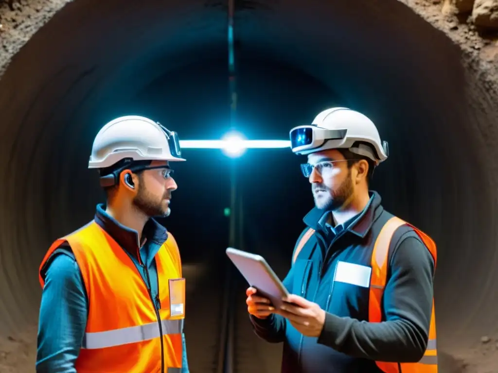 Un equipo de ingenieros usando realidad aumentada para explorar un túnel subterráneo