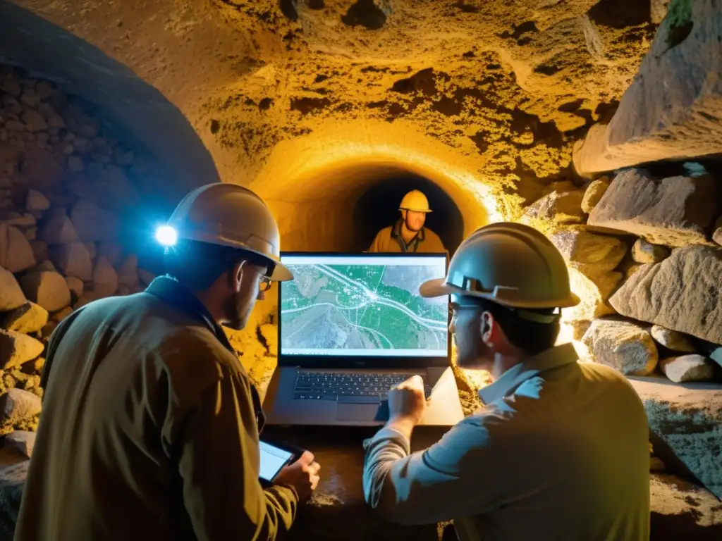 Un equipo de geólogos y ingenieros utiliza software especializado para mapear túneles históricos, iluminando las antiguas paredes de piedra