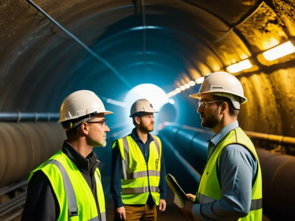 Equipo de ingenieros en túnel subterráneo, explorando redes de tuberías con determinación