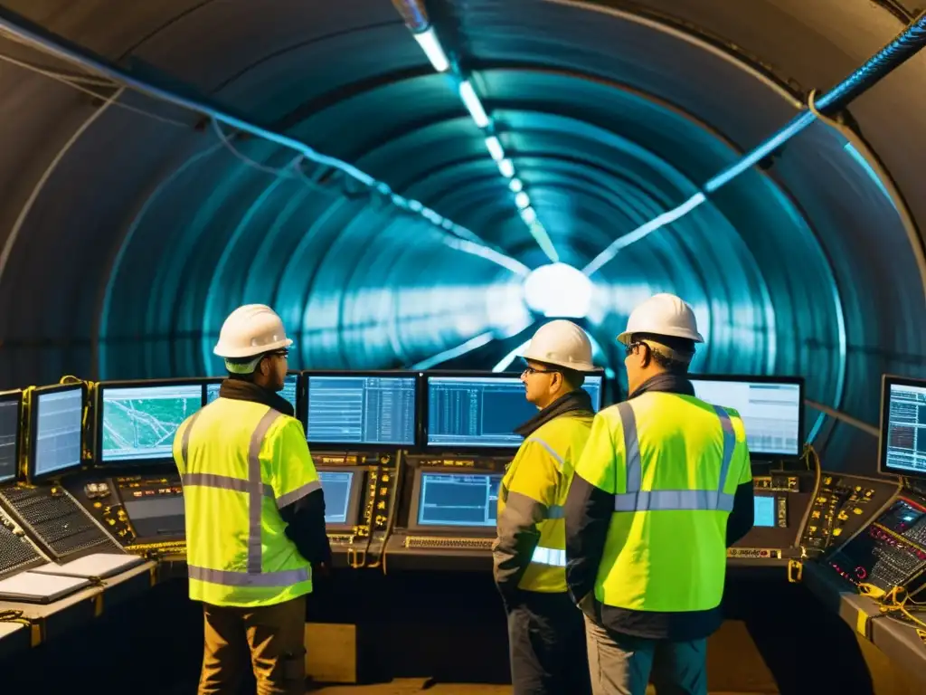 Un equipo de ingenieros y técnicos resuelve problemas de conectividad en un túnel subterráneo, rodeados de equipos y cables