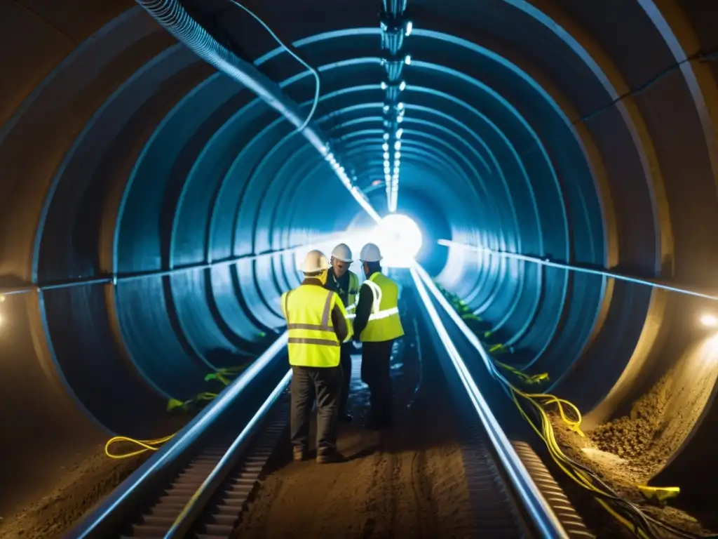 Un equipo de ingenieros y técnicos trabajando en un túnel subterráneo, instalando sistemas de conectividad avanzados