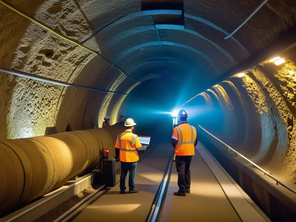 Equipo de ingenieros escaneando túnel histórico con precisión Equipo de ingenieros usando tecnología de escaneo láser para mapear túnel histórico