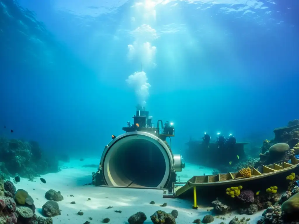 Equipo de ingenieros con tecnología de túneles submarinos oceánicos, perforando el lecho marino rodeado de vida marina y arrecifes de coral coloridos