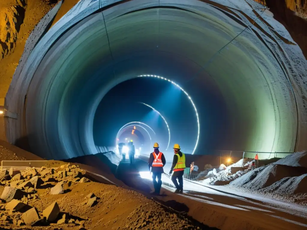 Un equipo de ingenieros utilizando tecnologías limpias para excavar un túnel en la montaña, resaltando precisión y conciencia ambiental