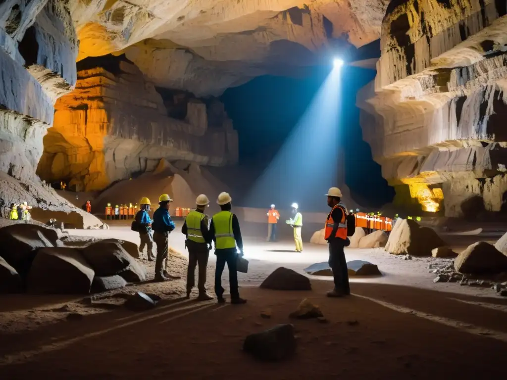 Un equipo de ingenieros y trabajadores exploran una caverna, discutiendo la construcción de accesos a maravillas subterráneas