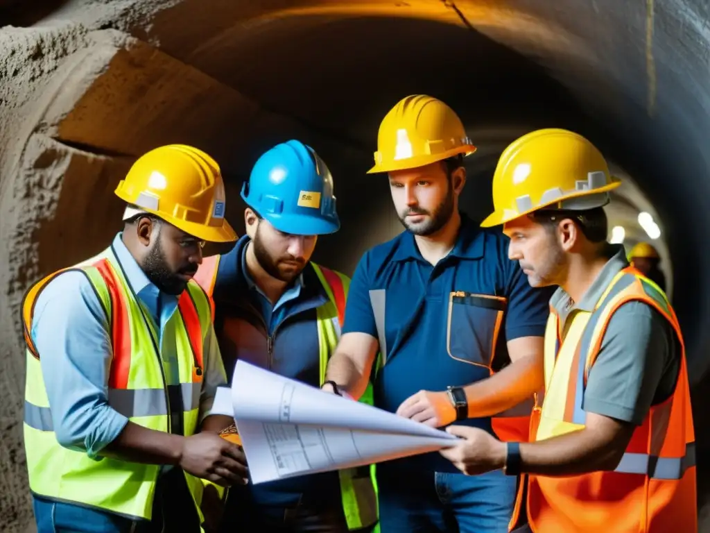 Un equipo de ingenieros y trabajadores de la construcción discuten planes en un túnel subterráneo