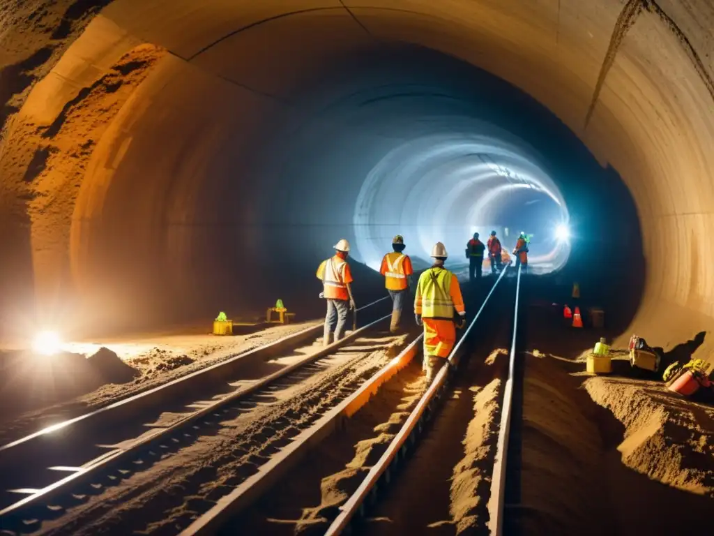 Un equipo de ingenieros y trabajadores de la construcción utilizando maquinaria avanzada en un túnel subterráneo