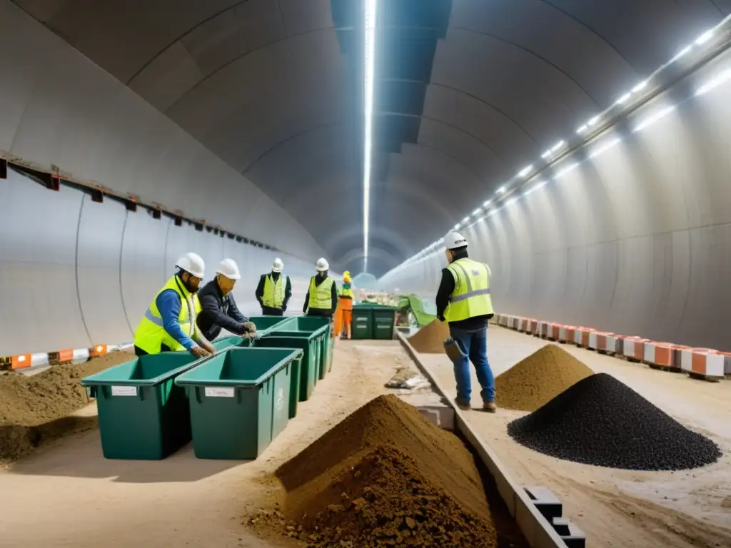 Un equipo de ingenieros y trabajadores de la construcción ordena cuidadosamente diferentes tipos de materiales de desecho en un sitio de construcción