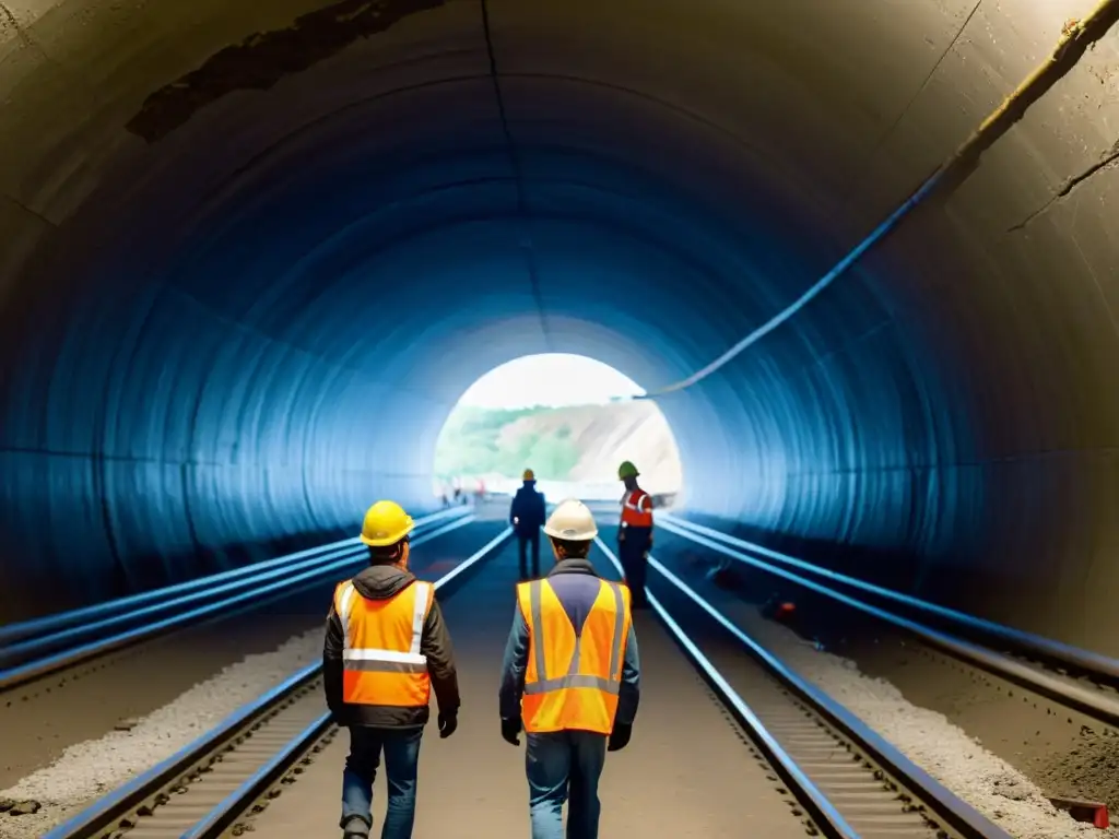 Equipo de ingenieros y trabajadores evaluando los daños en un túnel colapsado