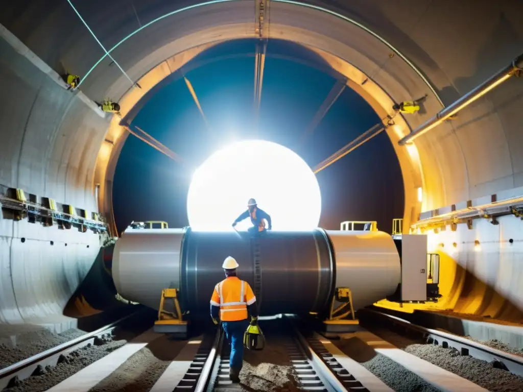 Un equipo de ingenieros y trabajadores operan una moderna tuneladora en acción, rodeados por la dramática iluminación del túnel