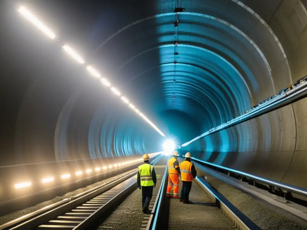 Equipo de ingenieros y trabajadores restaurando con precisión el histórico Túnel de Base de Gotthard en Suiza