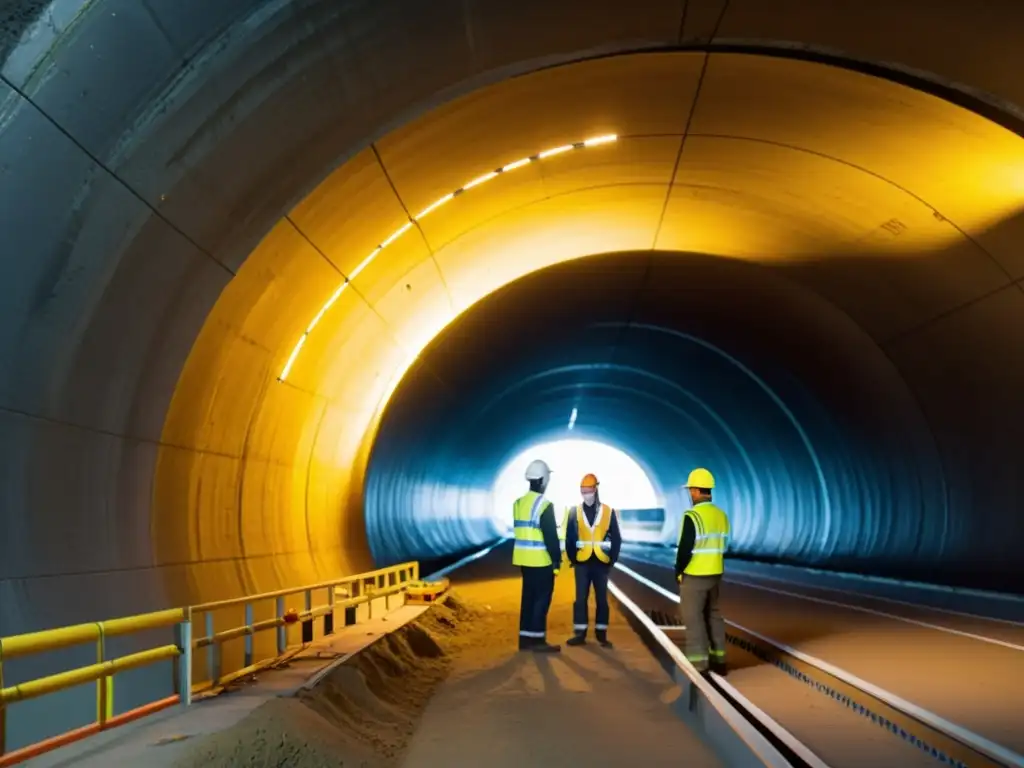 Un equipo de ingenieros y trabajadores usando tecnologías limpias para excavar un túnel, mostrando progreso, innovación y conciencia ambiental