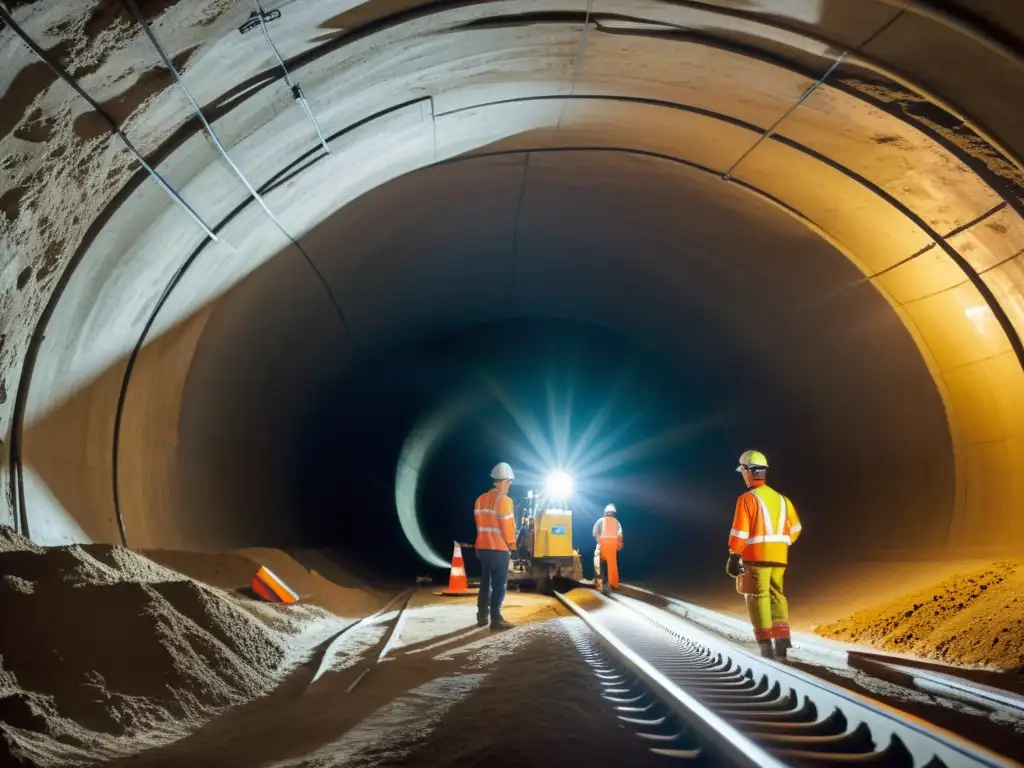 Un equipo de ingenieros y trabajadores construyendo un túnel subterráneo con maquinaria avanzada