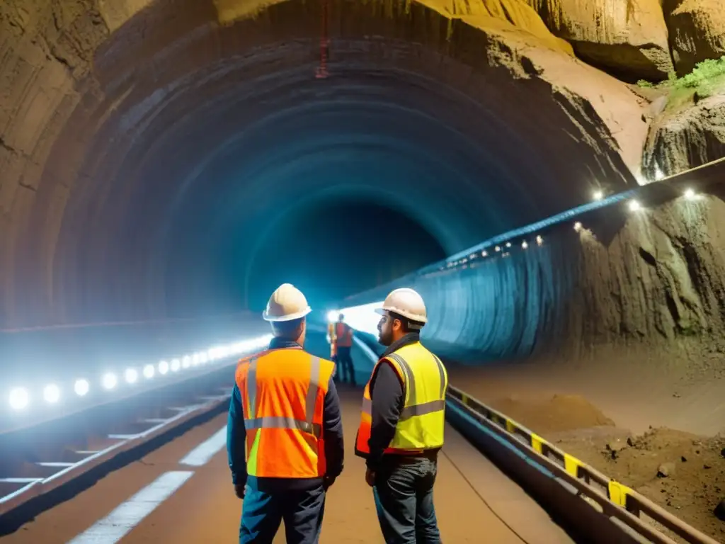 Equipo de ingenieros y trabajadores inspeccionando túnel con linternas y equipo de medición