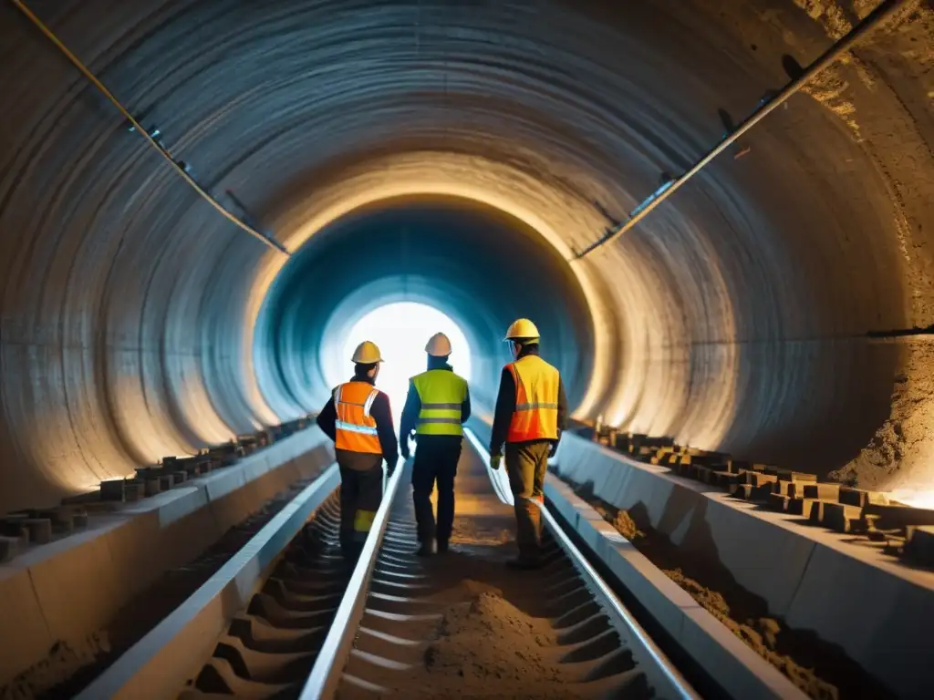 Un equipo de ingenieros y trabajadores refuerzan un túnel antiguo con métodos modernos y tradicionales, en una atmósfera de misterio y concentración