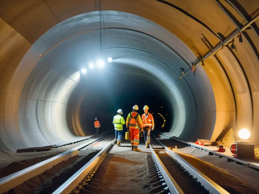 Un equipo de ingenieros y trabajadores construyendo un túnel subterráneo histórico con maquinaria avanzada y detalles arquitectónicos