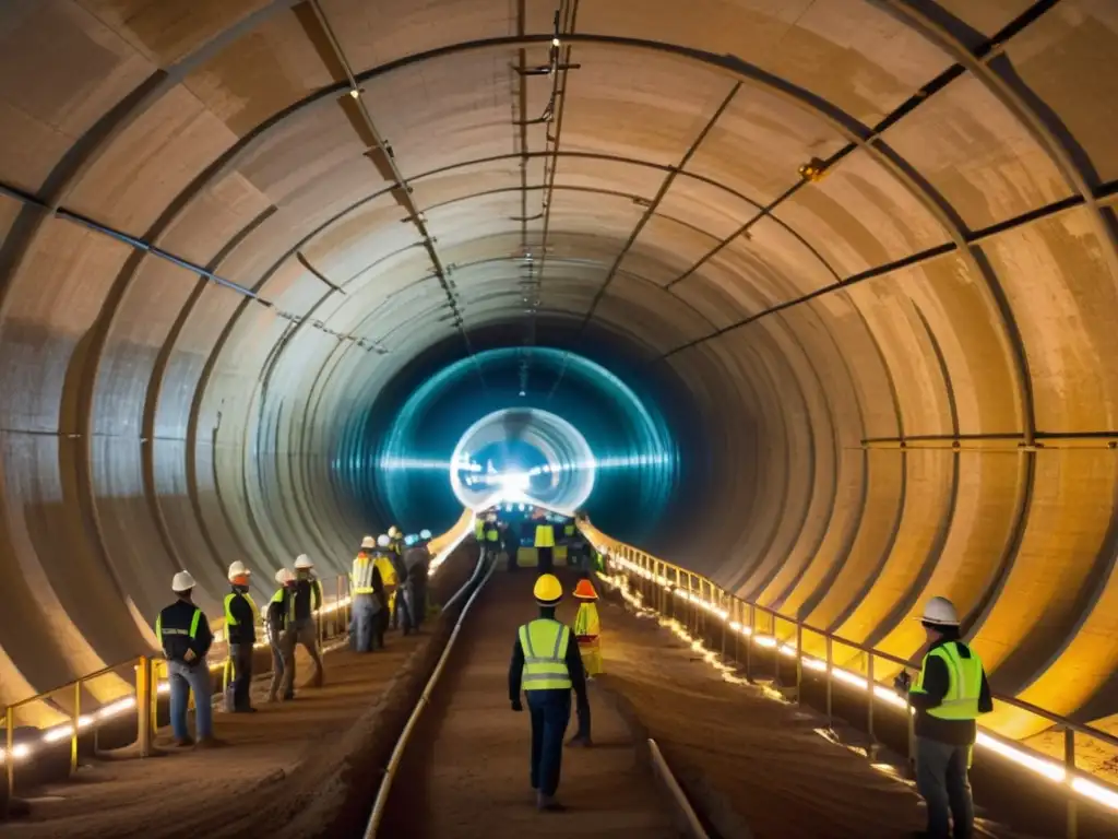 Equipo de ingenieros y trabajadores construyendo un túnel sagrado, mezclando diseño antiguo con avances tecnológicos en construcción