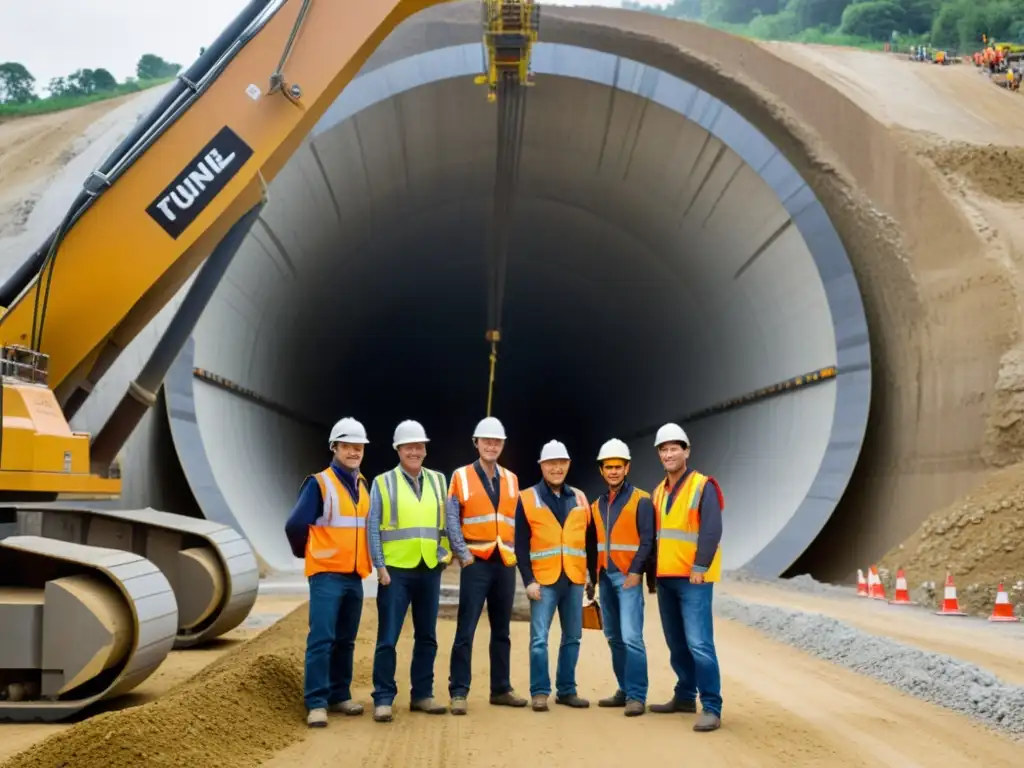 Equipo de ingenieros y trabajadores construyendo un túnel con compuestos revolucionarios para construcción de túneles