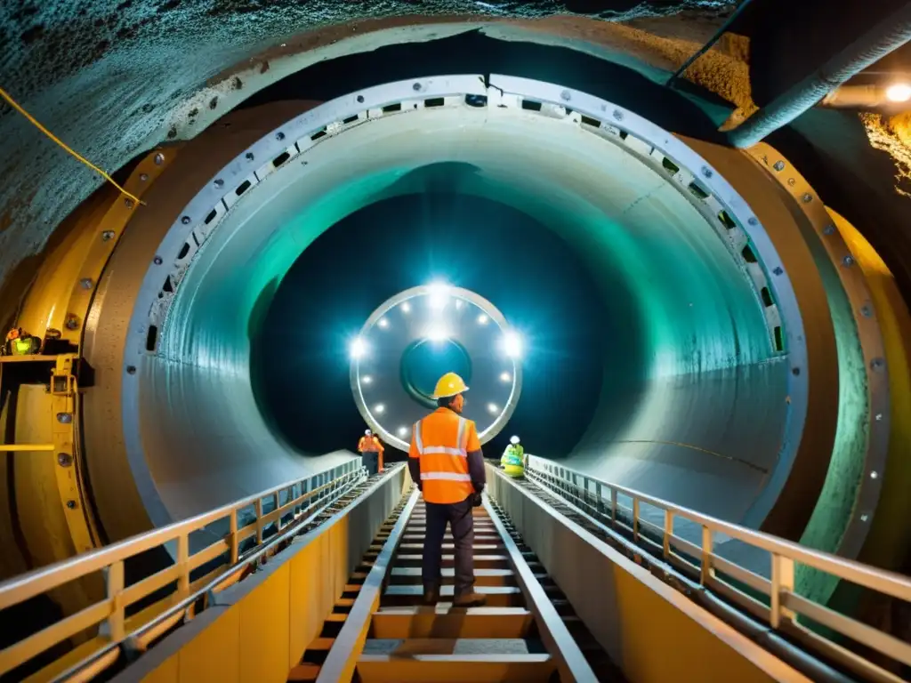 Equipo de ingenieros y trabajadores en un túnel submarino, observando una moderna tuneladora que excava lentamente el lecho marino