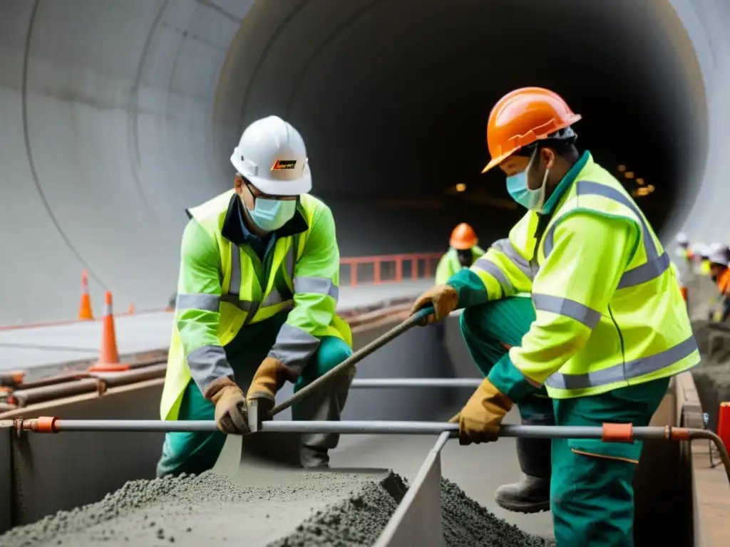 Equipo de ingenieros y trabajadores en un túnel, vertiendo concreto de ultra alta resistencia