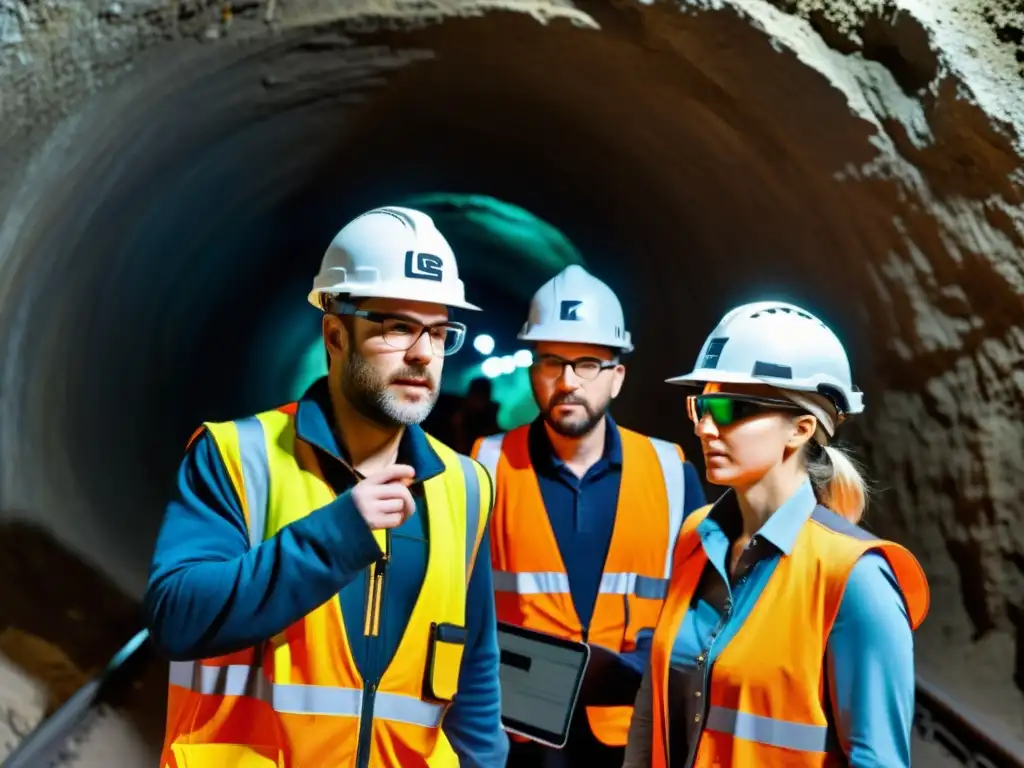 Equipo de geólogos y ingenieros explorando túnel subterráneo con realidad aumentada, destacando tecnología de vanguardia y enfoque intenso