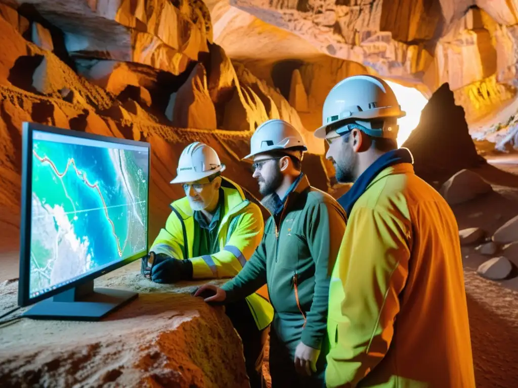 Exploración subterránea: Geólogos y ingenieros examinando un túnel en 3D Un equipo de geólogos y ingenieros explorando un túnel subterráneo con avanzado software