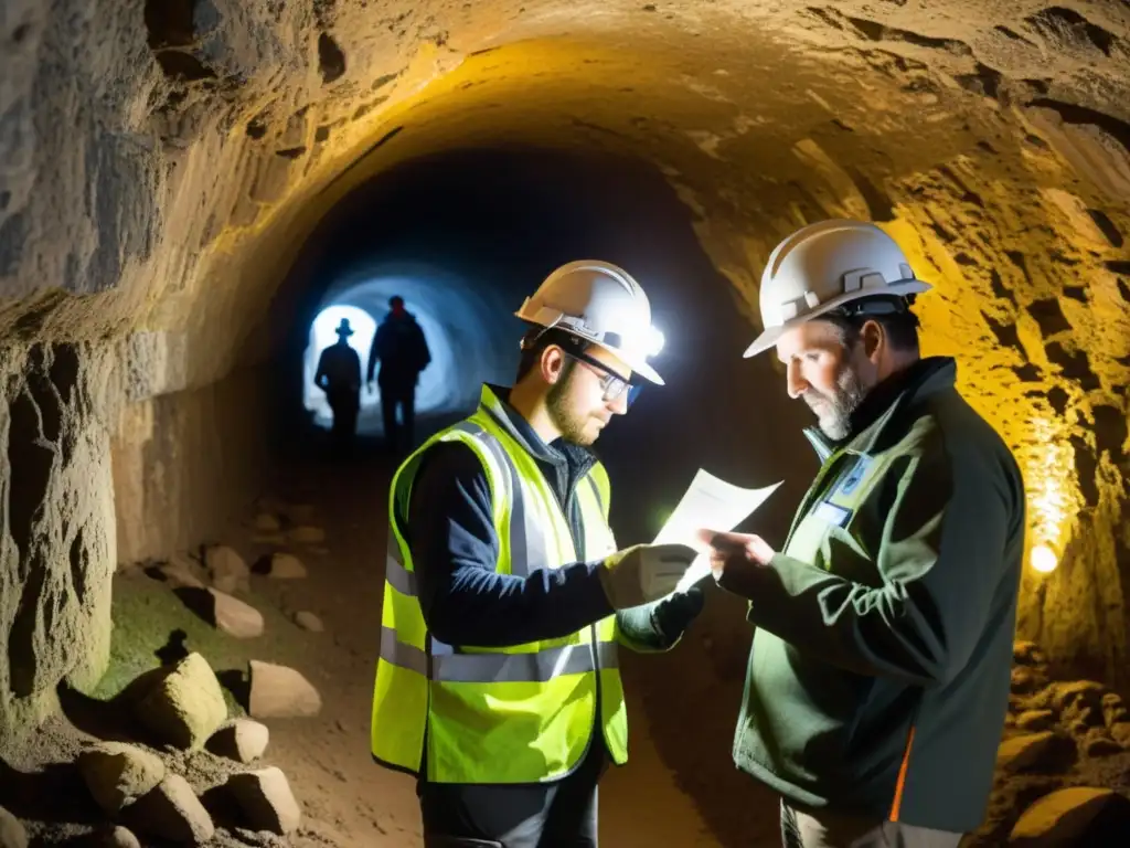 Equipo de ingenieros explorando túneles antiguos, resaltando la importancia de consultoría en túneles perdidos