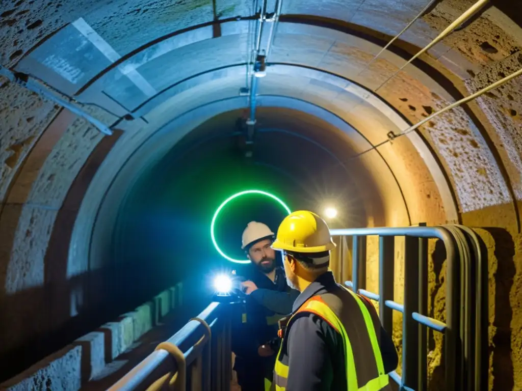 Equipo de ingenieros realiza mapeo 3D en túneles históricos con precisión tecnológica y exploración histórica en una atmósfera iluminada