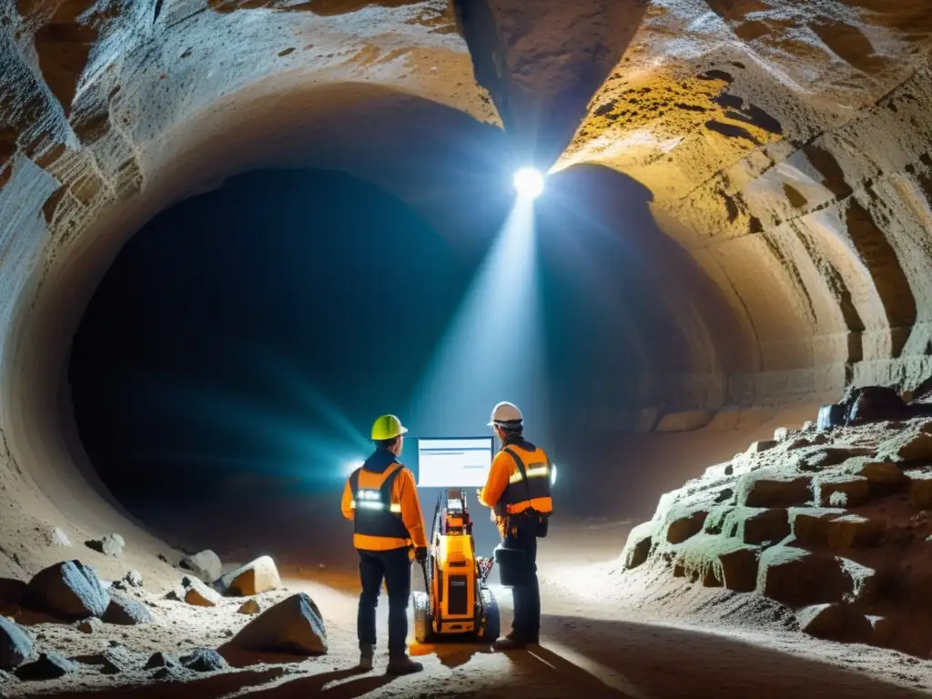 Equipo de ingenieros explorando túneles subterráneos con tecnología avanzada