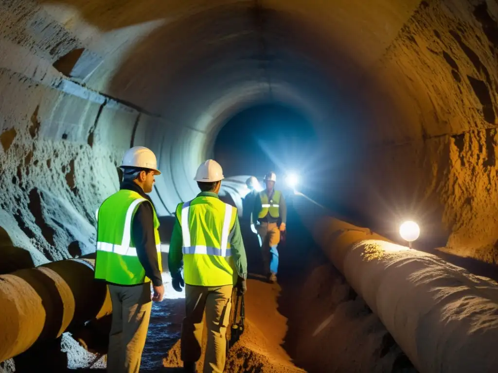 Un equipo de ingenieros explora túneles subterráneos con linternas industriales, revelando secretos antiguos