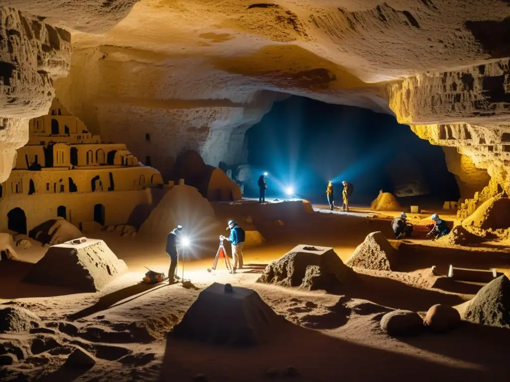 Un equipo de investigadores y arqueólogos explora las ruinas subterráneas de una ciudad perdida, utilizando tecnología de modelado 3D