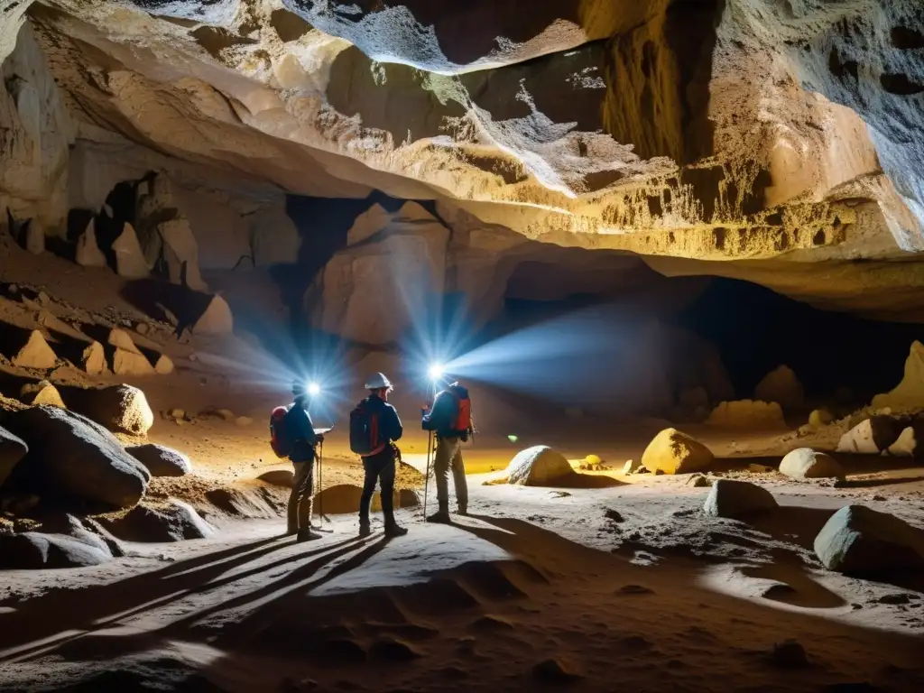 Exploración subterránea: Equipo de investigadores ilumina cuevas con tecnología 3D Equipo de investigadores usando avanzado software de exploración en túneles históricos, iluminando antiguos artefactos con potentes lámparas frontales