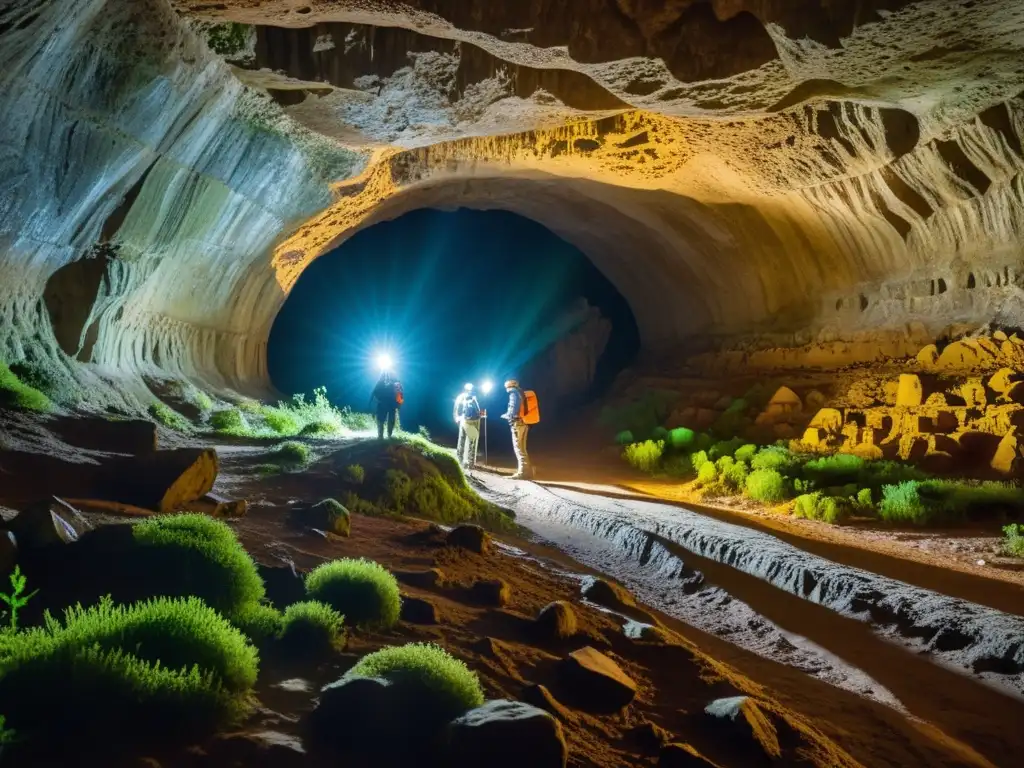 Equipo de investigadores y conservacionistas explorando un antiguo túnel subterráneo, rescatando ecosistemas en túneles históricos