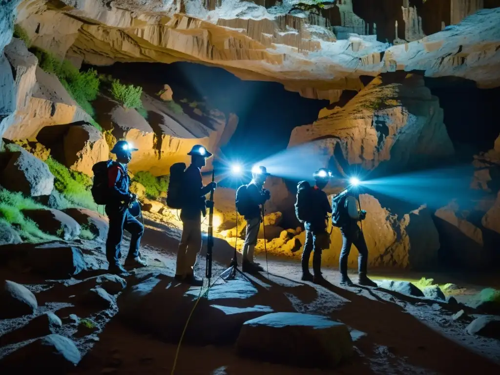 Un equipo de investigadores explorando una cueva con LIDAR, resaltando la fusión de historia y tecnología