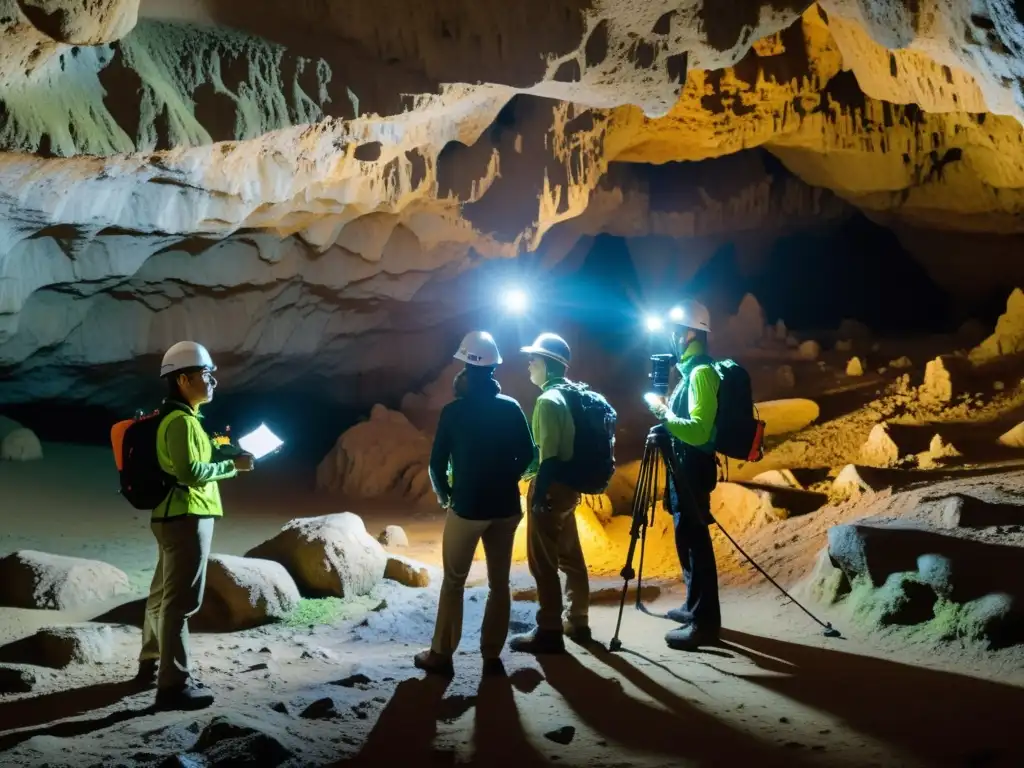 Equipo de investigadores explorando cueva histórica con LIDAR, cartografía de cuevas históricas con LIDAR