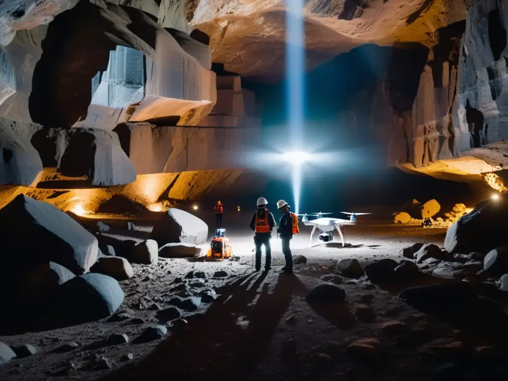 Equipo de investigadores y drones realizan protocolos de exploración subterránea con drones en un entorno cavernoso y misterioso