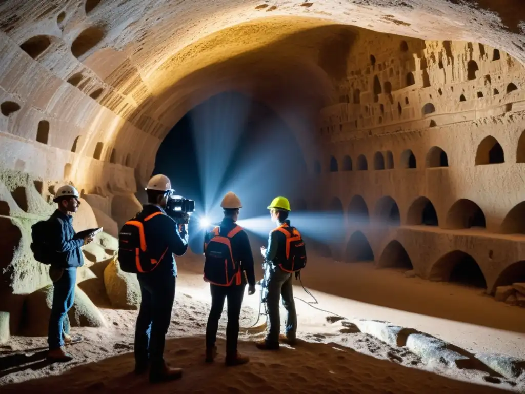 Equipo de investigadores realizando escaneo láser de maravillas subterráneas, inmersos en la belleza y misterio de las estructuras históricas