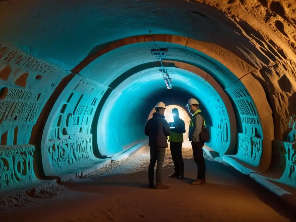 Un equipo de investigadores y ingenieros realizan mapeo 3D en un túnel subterráneo histórico, iluminado por la tenue luz azul del escáner