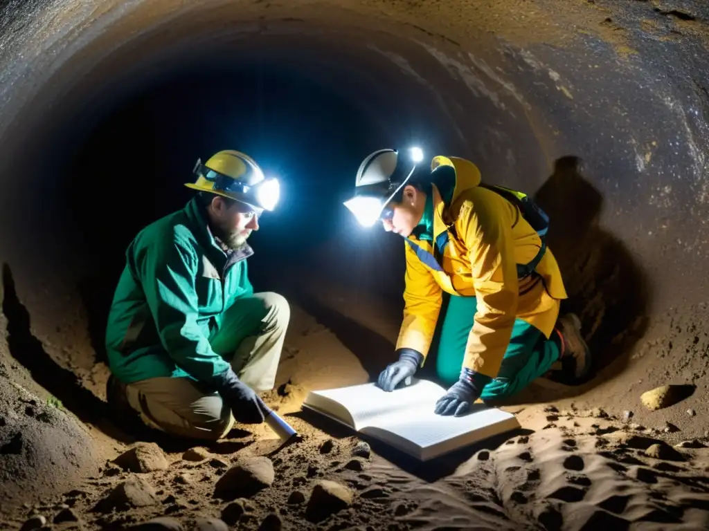 Un equipo de investigadores con linternas y equipo protector examina huellas de vida silvestre en un túnel oscuro