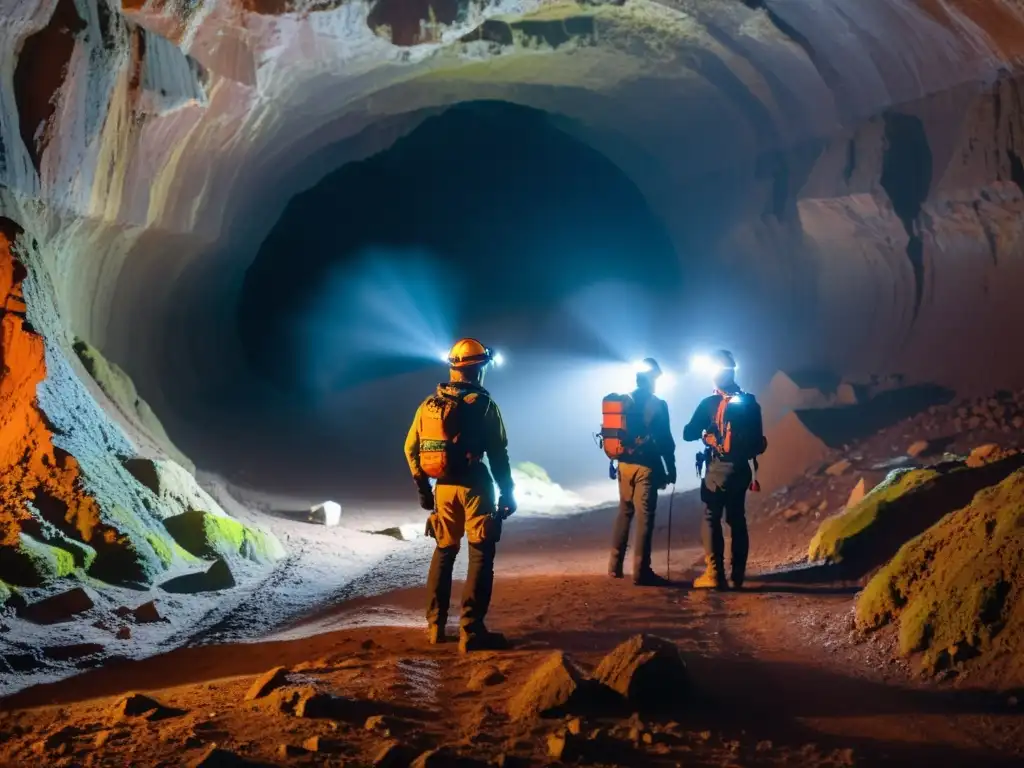 Equipo de investigadores explorando misterios geológicos subterráneos desvelados con drones en un túnel oscuro y misterioso