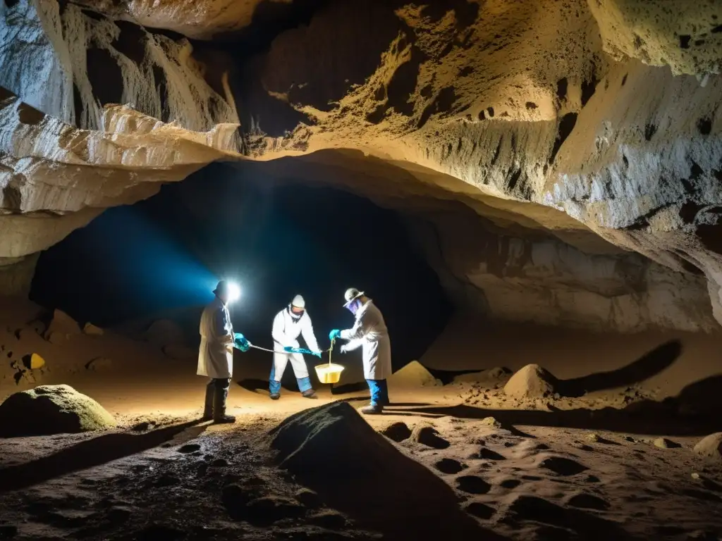 Un equipo de investigadores recoge muestras orgánicas en una cueva oscura para análisis químico