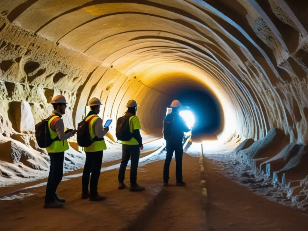 Equipo de investigadores utilizando tecnología de mapeo 3D en un túnel antiguo, iluminando detalles arquitectónicos con precisión