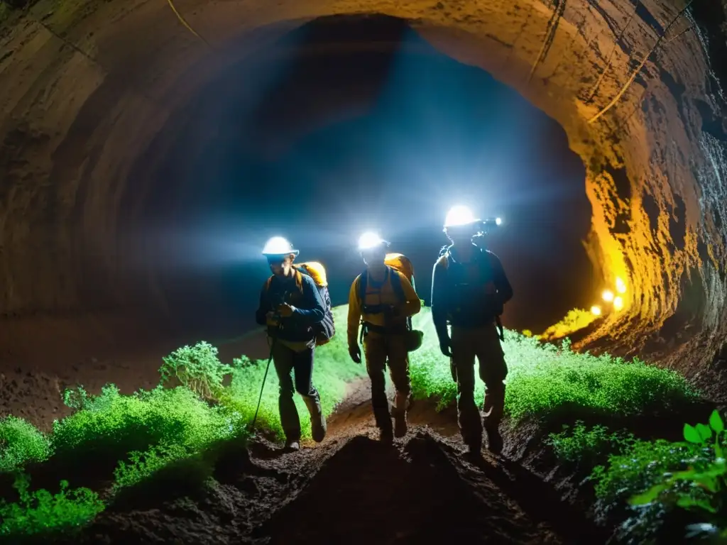 Un equipo de investigadores explorando un túnel oscuro con lámparas frontales, en busca de la fauna subterránea