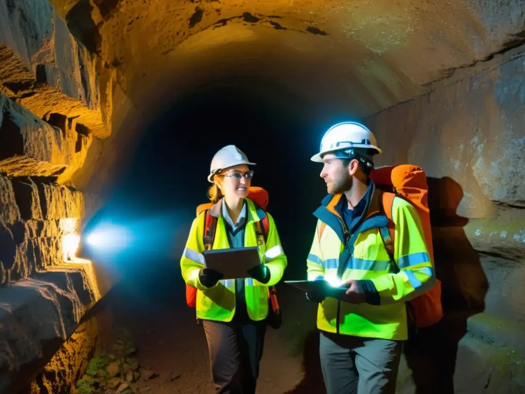 Equipo de investigadores explorando un túnel subterráneo en busca de historia y artefactos, iluminados por linternas