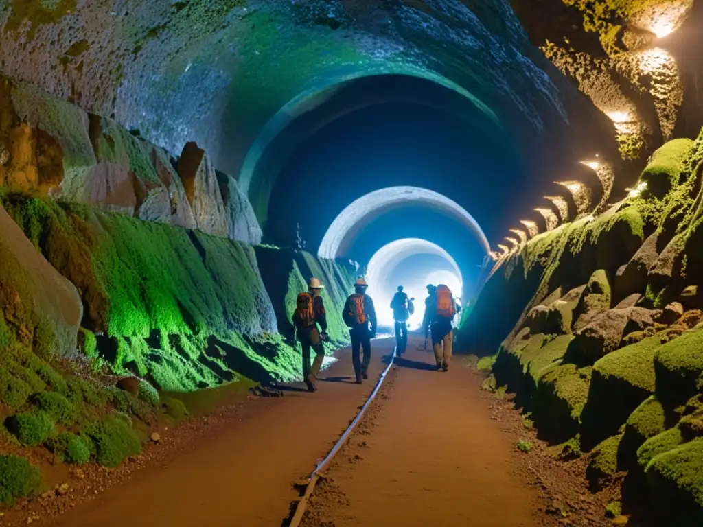 Un equipo de investigadores explorando un túnel subterráneo, iluminado por linternas frontales, en busca de pasarelas e historia