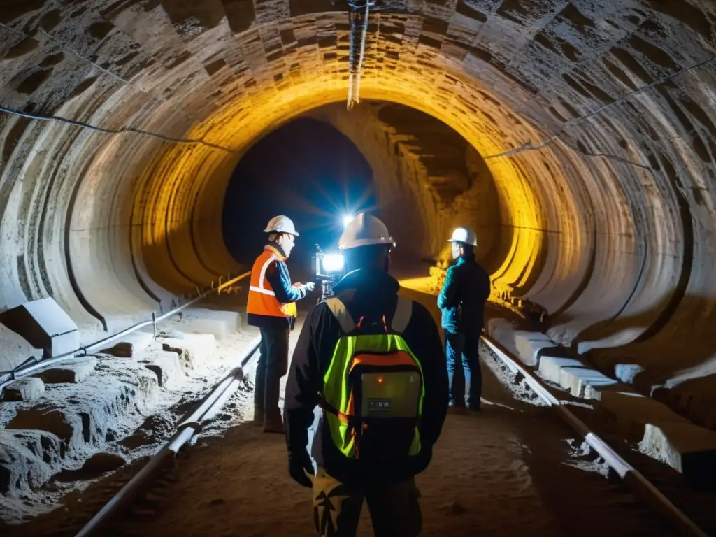 Un equipo de investigadores cartografía con precisión los túneles históricos con tecnología de mapeo avanzada en un ambiente dramático y detallado