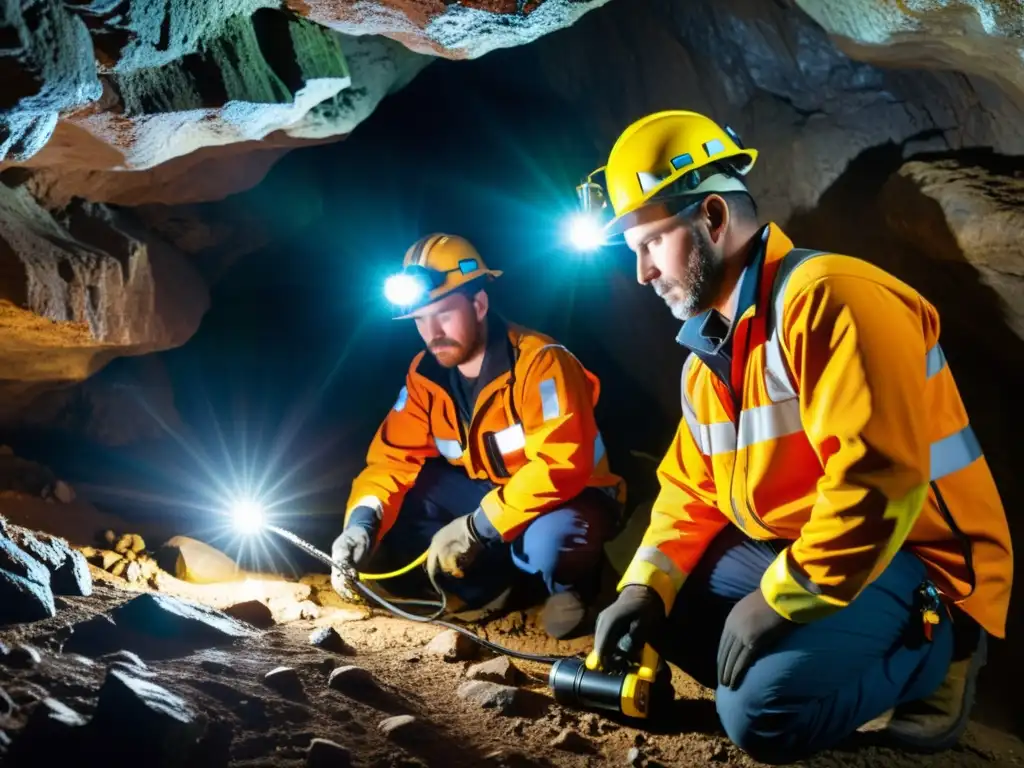 Un equipo de mantenimiento con linternas y equipo protector, inspeccionando y limpiando una cámara de alta tecnología en una cueva subterránea