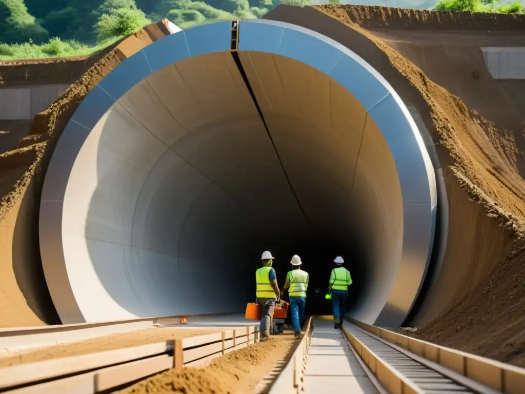 Un equipo usando materiales ecológicos construye un túnel con precisión y atención al detalle, resaltando la innovación en la construcción