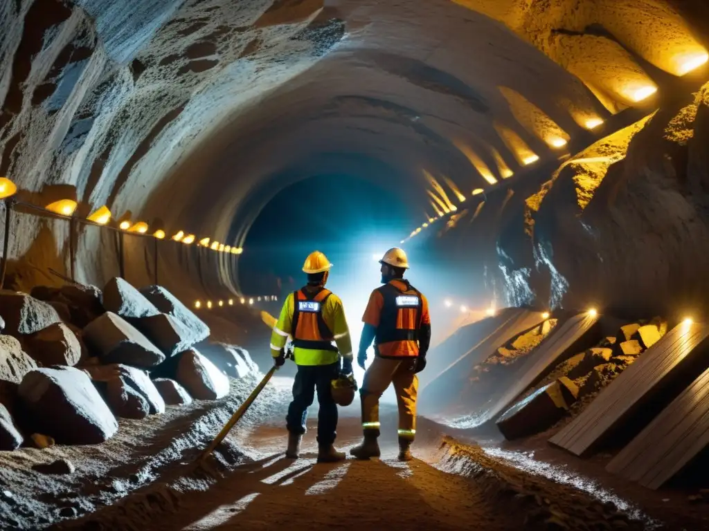 Equipo minero explorando túnel subterráneo según regulaciones internacionales